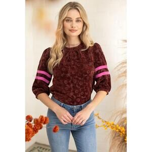 NEW VOY floral velvet top with puff sleeve stripe detail in red